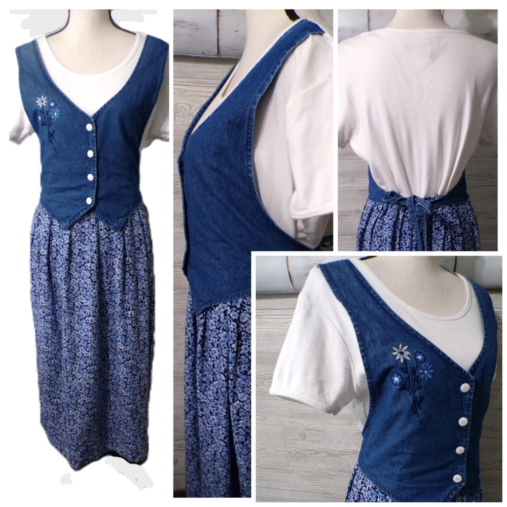 Y2k Midi Dress L Denim vest Embroidered Blue Floral Skirt Cottagecore Prairie